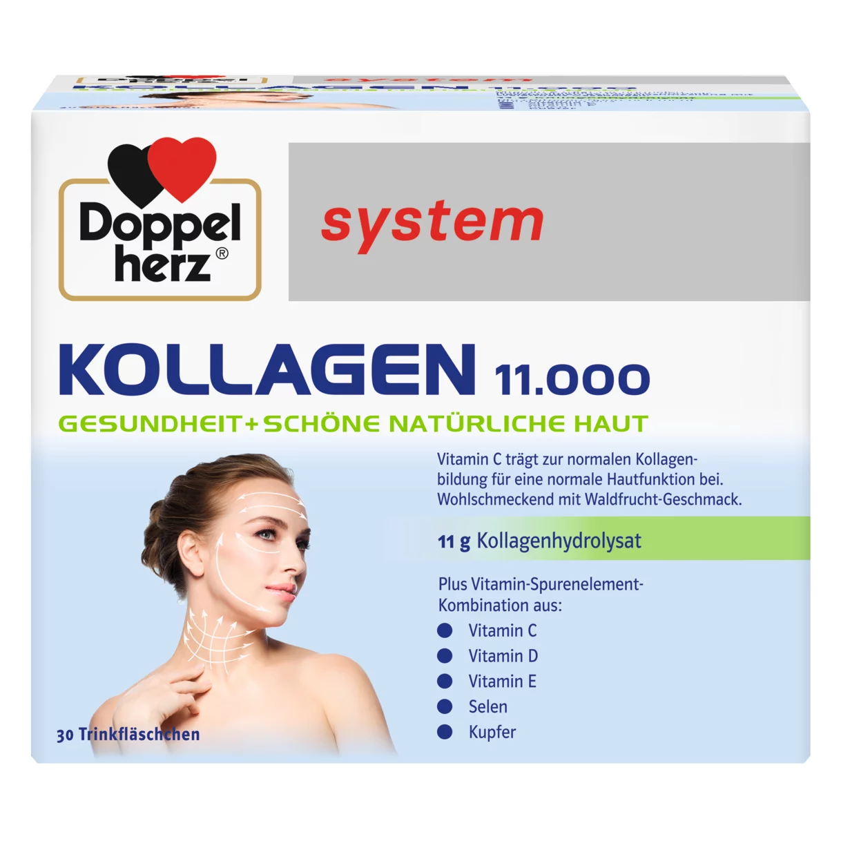 Illustration of the product packaging Doppelherz system Collagen 11.000 front view